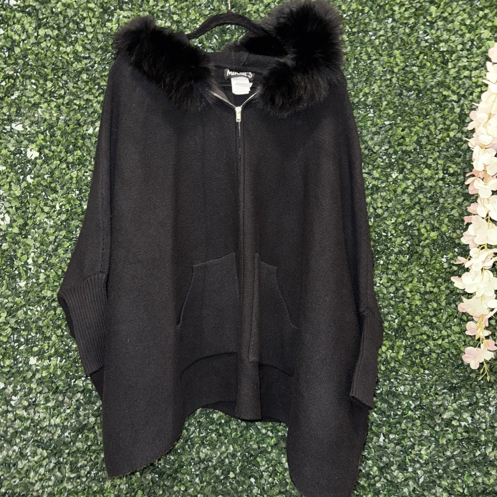 Mitchie's Aimee Black Fox Fur Poncho One Size